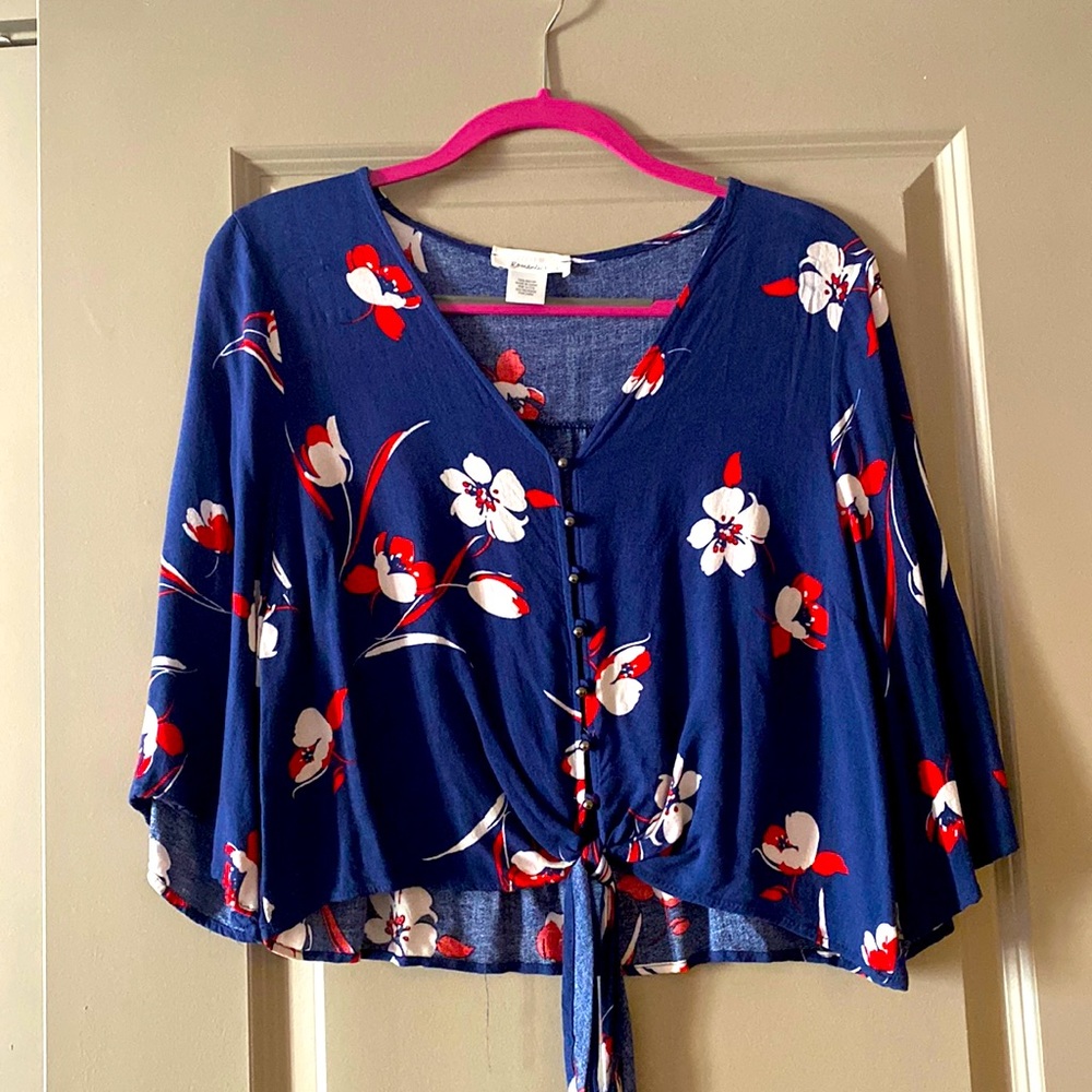 Urban Romantics Flowy Sleeve Button Up Tie Front Shirt